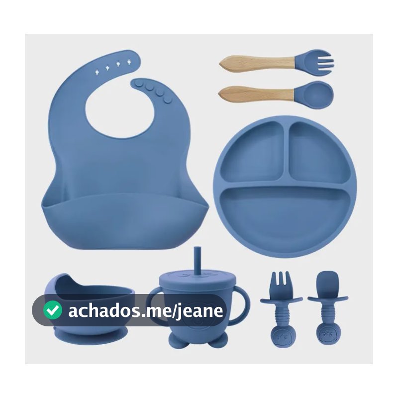Kit Introdução Alimentar Bebê Silicone Prato Talher 8 Peças Cor Azul-escuro
