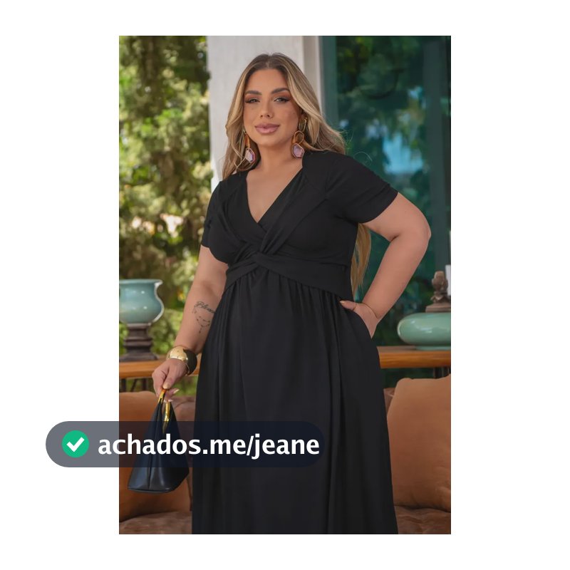 Vestido Plus Size Com Bolsos Soltinho Elegante Gola V Preto Liso 60-62