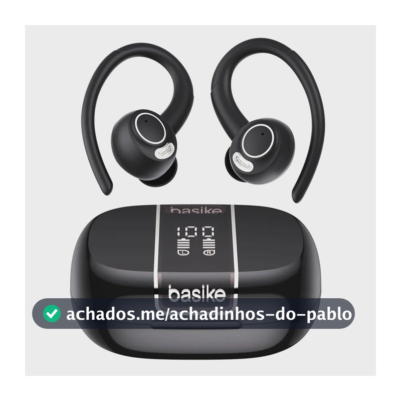 Fone de Ouvido Bluetooth Basike TWS Esportivo Com Cancelamento de Ruído e Gancho IPX4