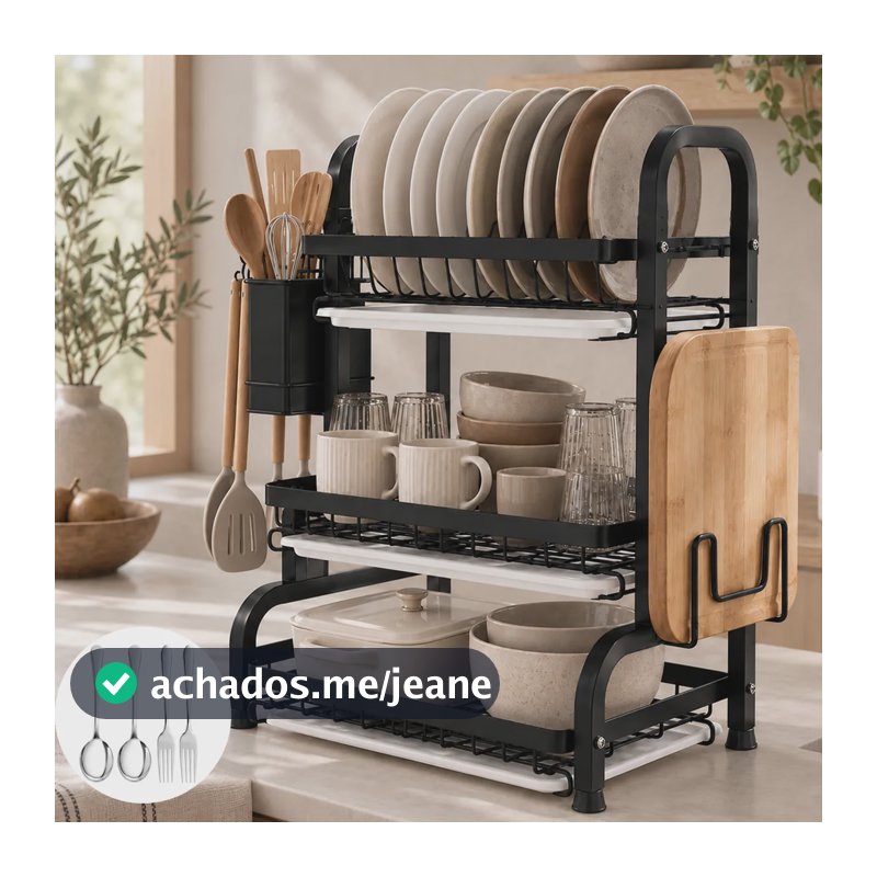 Escorredor Louça 3 Andares Porta Talheres Copo Inox Hikuca Preto