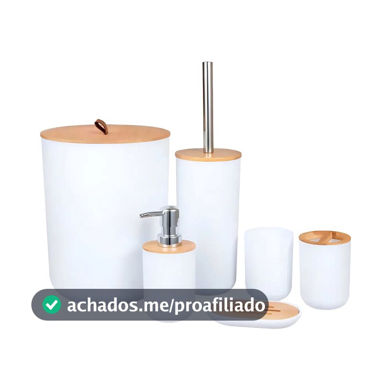 Kit Conjunto Banheiro 6 Peças Lixeira Com Tampa Bambu Plástico Organizador Decoração Lavabo Suporte Sabonete Liquido Escova de Dente Lixo Escova de Vaso Sanitario Shokki Cor Branco