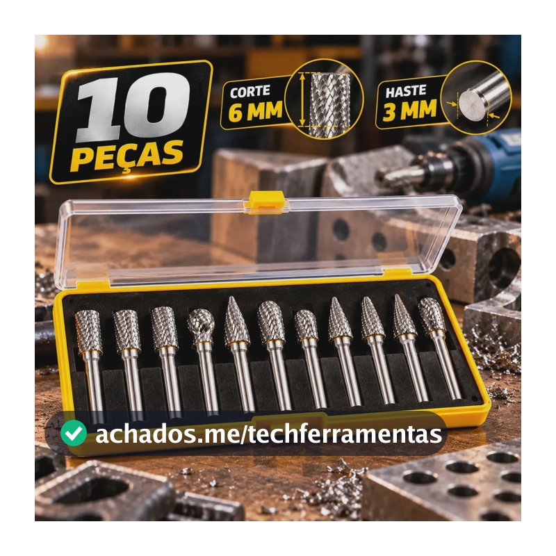 Kit 10 Fresas Limas Rotativas Tungstênio Metal Duro 6mm Haste 3mm Retífica Micro Retífica Desbaste