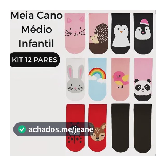 Kit 12 Pares Meia Infantil Cano Alto Menina Cores Promoção