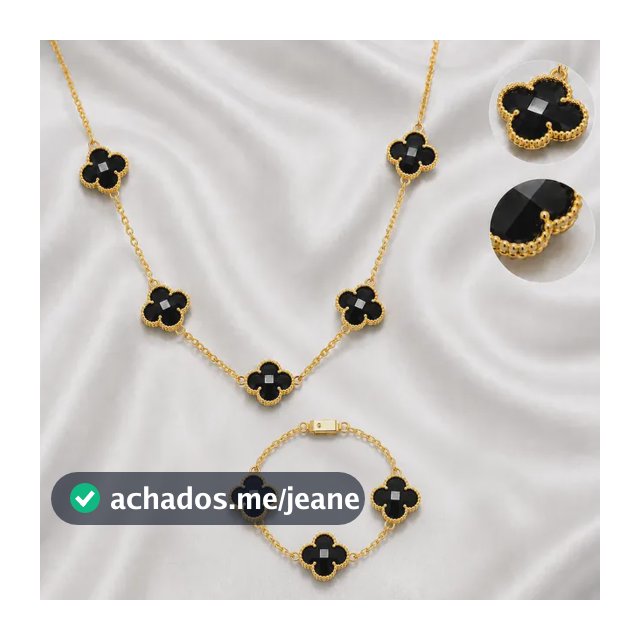 Kit Cordão +pulseira Trevo Van Cleef Preto 100% Moeda Antiga Dourado