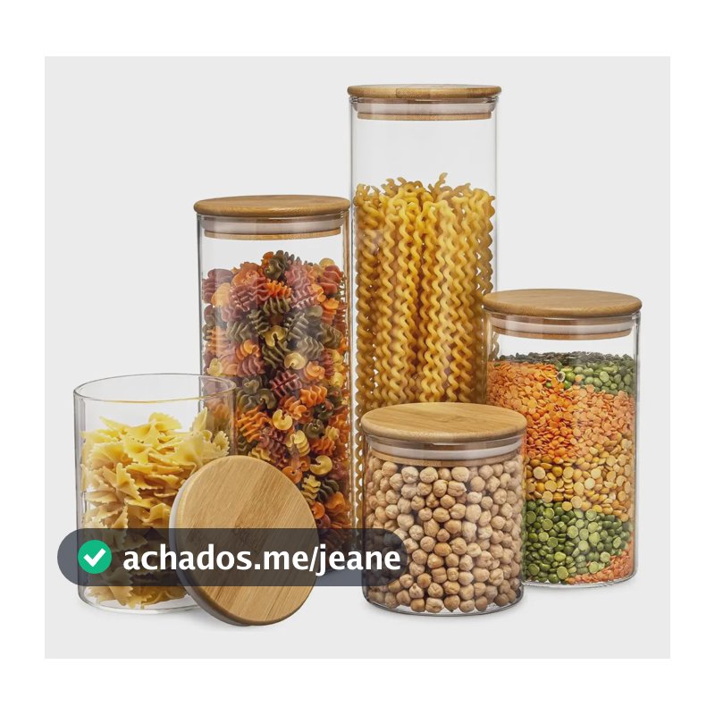Jogo 5 Potes Hermetico Vidro Cozinha Mantimentos Tampa Bambu
