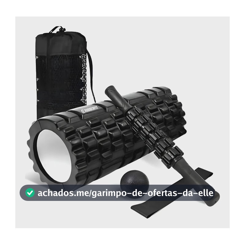 Rolo de Massagem Foam Roller Liberação Miofascial Soltura Yoga Preto Kit 4 em 1 Rubber Fit