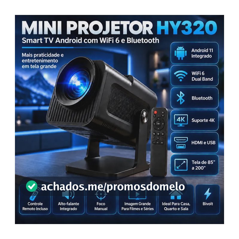 Projetor HY320 Mini Portátil Hardline Smart TV Android WiFi 6 390 ANSI Lumens Full HD Suporte Bluetooth 85-200 Polegadas Alto Falante Com Controle Remoto Bivolt