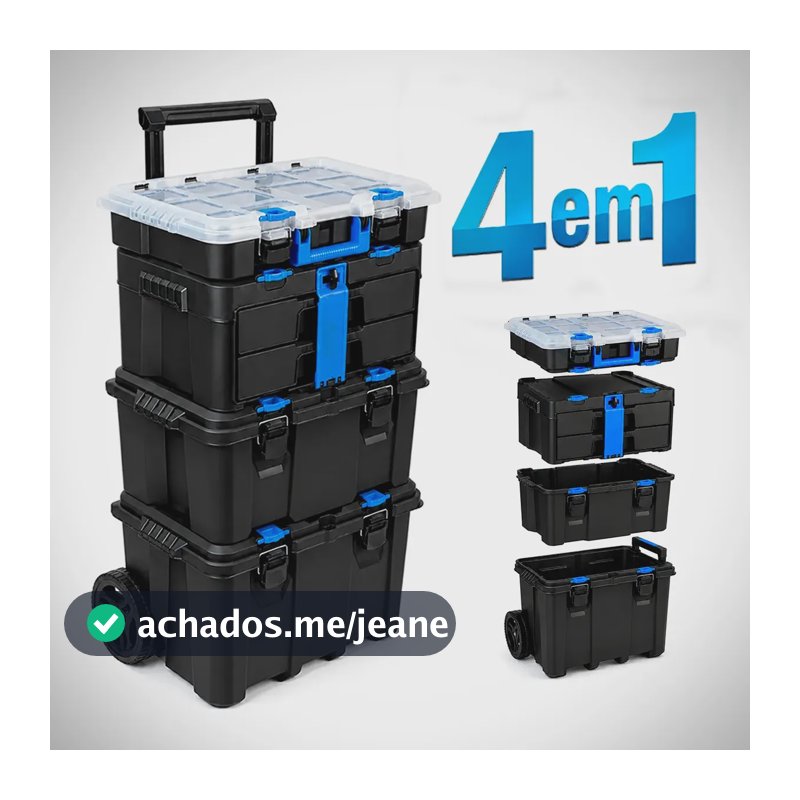 Caixa De Ferramenta Modular 4 Em 1 Com Rodas e Alça Retratil Maleta Profissional Carrinho Organizador de Ferramentas Torre Para Armazenamento