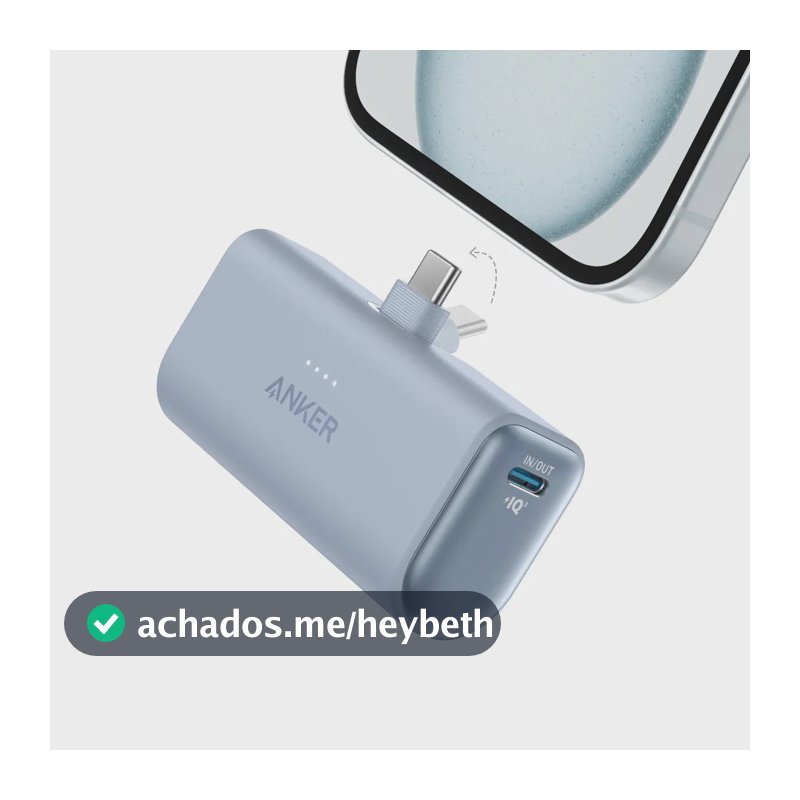 Carregador Portátil Anker Power Bank Pocket 5.000mAh 22.5W Conector USB-C Embutido Dobrável, Carga Turbo PowerIQ 3.0, Com Cabo USB-C 0,6m, iPhone 17/16/15, Samsung Galaxy, Xiaomi, Motorola, Azul