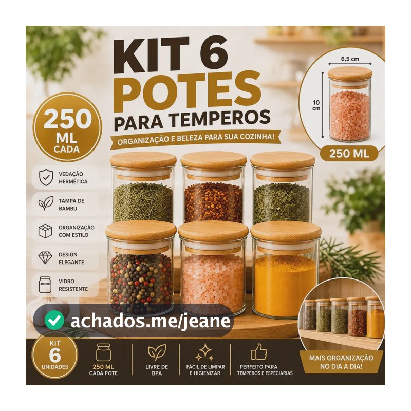 Kit 6 Potes de Vidro Hermético 250ml Tampa Bambu Porta Mantimentos Organizador Cozinha Vedação Silicone temperos