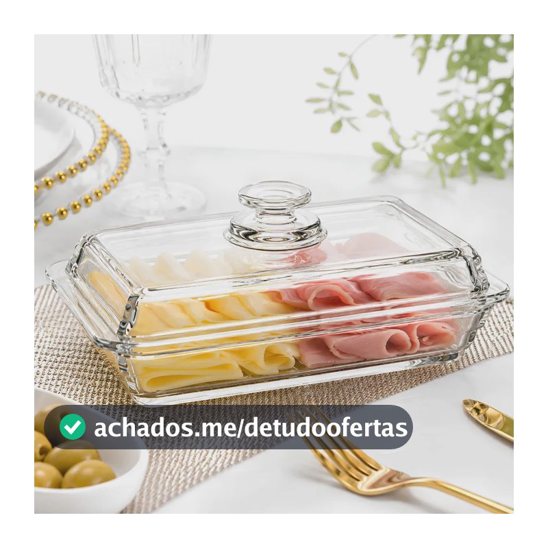 Porta Frios Vidro C/ Tampa Queijo Presunto Luxo Divisória Cristal Elegante Mesa Posta Marca: MultiOn