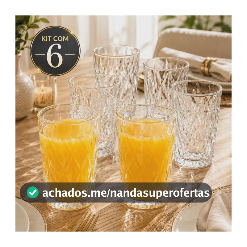 Jogo 6 Copos 400ML Grande Vidro Grosso Diamond Resistente Transparente Kit para Drink Água Suco Restaurante Diamante Sólar