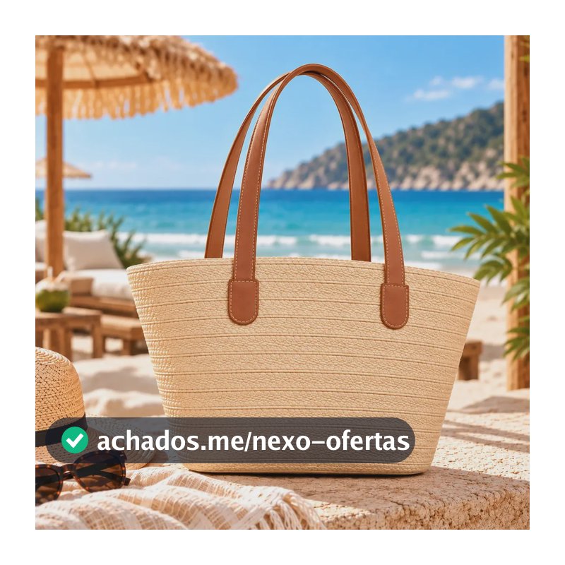 Bolsa Palha Praia Feminina Grande Verão Piscina Sacola Luxo Acambamento dos ferragens Metal Cor Areia Correia de ombro Marrom Desenho do tecido Lisa