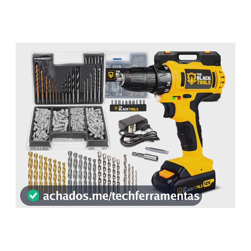 Parafusadeira Furadeira A Bateria 3/8” 10mm 1350rpm Bivolt The Black Tools + Jogo De Brocas Bits E Buchas 300 Peças