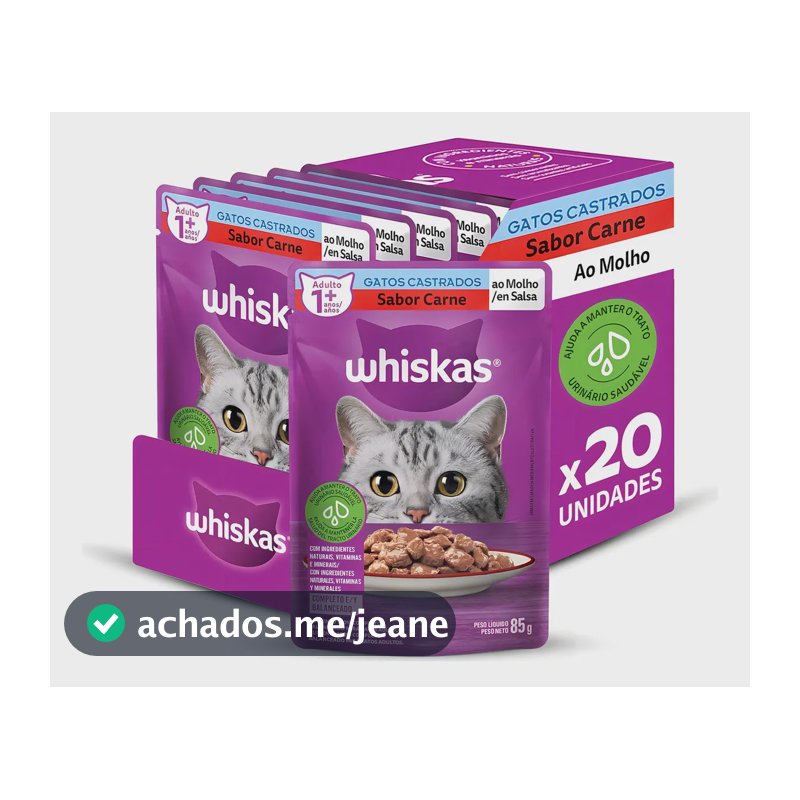 Pack Ração Úmida Whiskas para Gatos Adultos Castrados Sachê Carne ao Molho, 85g - 20 unidades