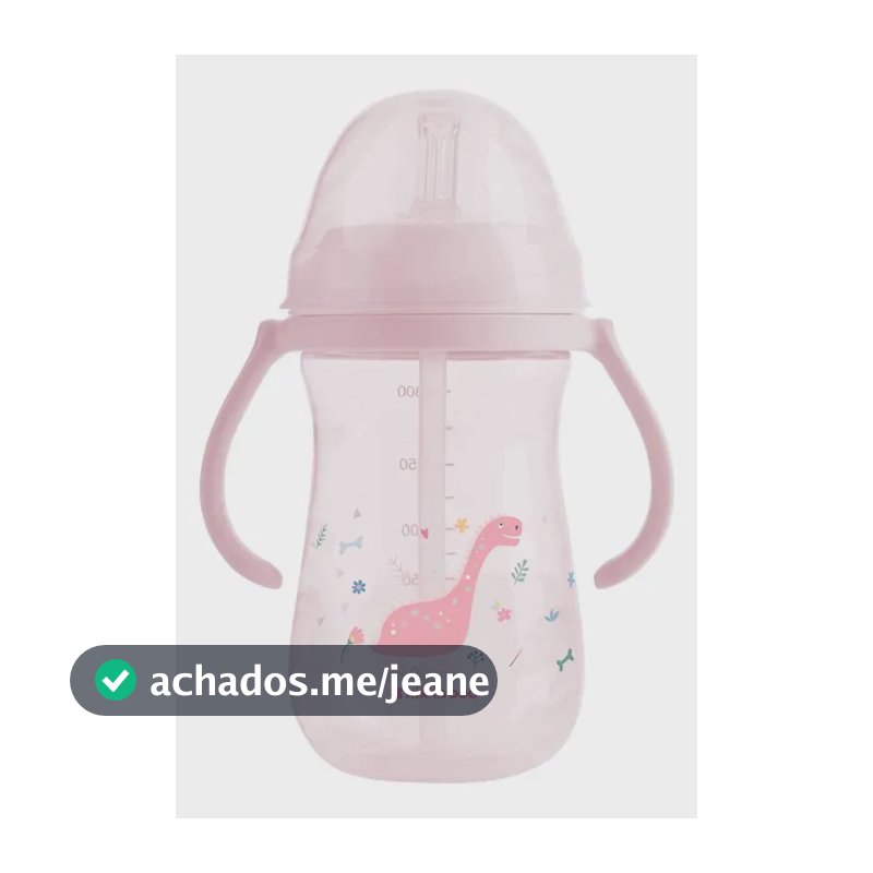 Copo Dino KikkaBoo de Plástico Rosa com Canudo e Alça – 300 ml