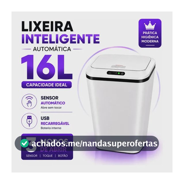 Lixeira Inteligente Automática 16L Sensor Infravermelho Recarregável USB-C 3 Modos Tampa Touch Banheiro Cozinha