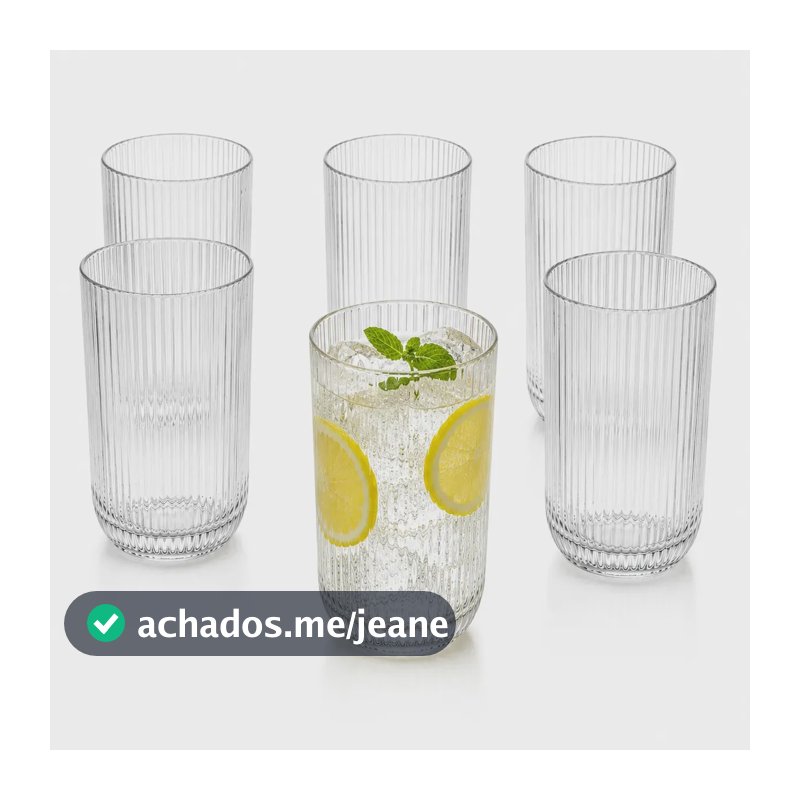 Jogo 6 Copos de Vidro Canelado 420ml Transparente Vidro Grosso Premium Resistente para Água Suco Refrigerante Drinks Whisky Gin Caipirinha Mesa Posta Cozinha Bar Restaurante Elegante