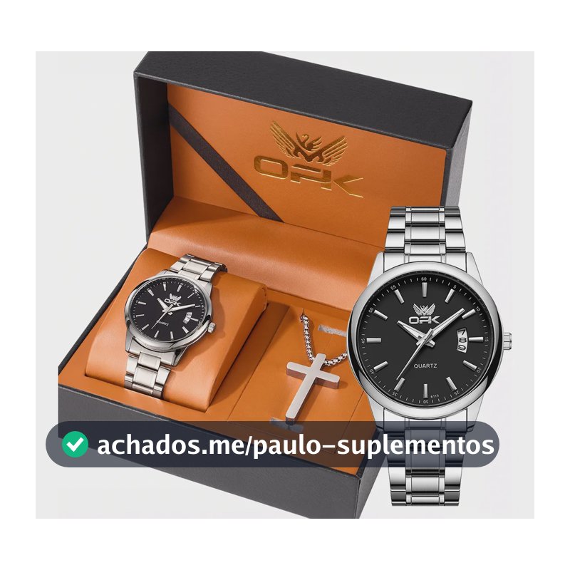 Opk Original Conjunto De Relógio E Colares Masculino 6010 Prateado Preto