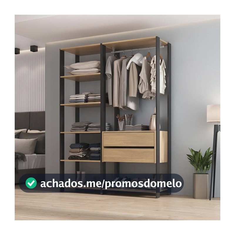 Closet Aberto Modulado Arara Organizadora com Cabideiro 135cm Allegra Multimóveis MP4389 Preto/Madeirado