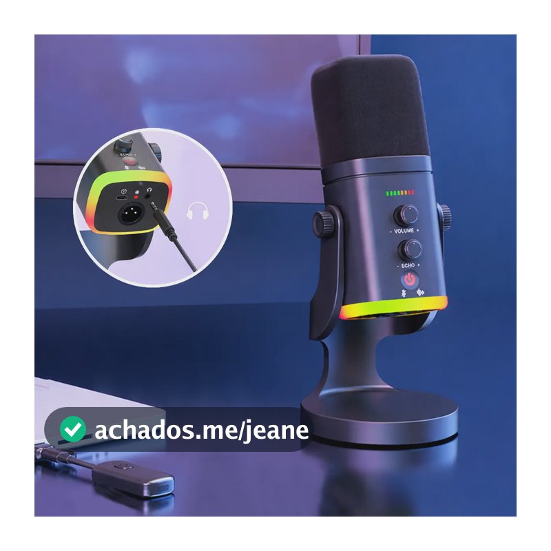Microfone Gamer Sem Fio Cardioide Dinâmico Para Pc Celular Ampligame Led Rgb Touch Recarregável Fire Phoenix Bk-am8 Pro Preto