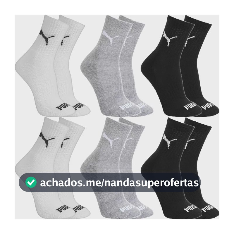 Kit 6 Pares Meias Puma Algodão Cano Médio Alto Atoalhado 2 Pretas, 2 Cinzas E 2 Brancas M - 34 A 39
