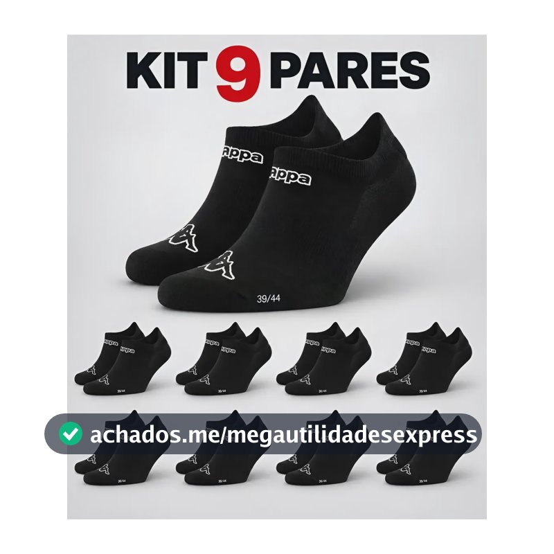 Kit 9 Pares Meias Kappa Sapatilha Soquete Invisível Original Preto 38-43