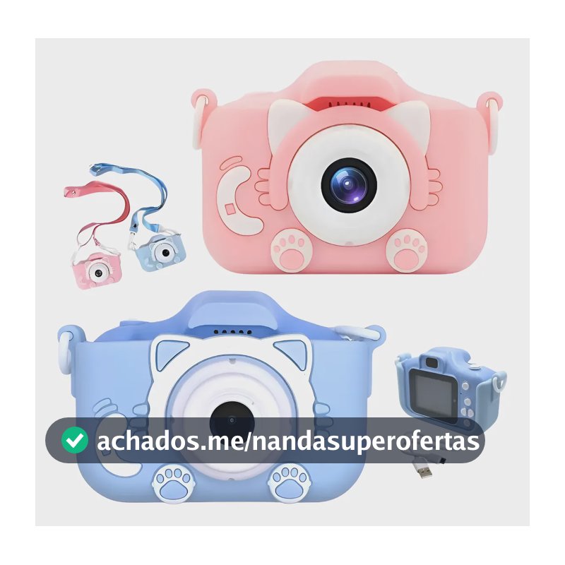 Câmera Digital Infantil Gatinho Fotos Vídeos Hd Jogos Alça Azul