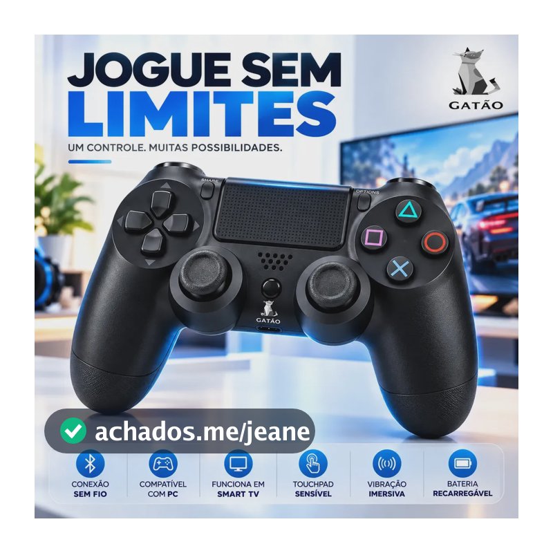 Controle Sem Fio Bluetooth Para P4 Joystick Gamepad Manete Gamer Compatível PC Notebook Smart TV Android Celular Touchpad Vibração Bateria Recarregável Entrada P2 Preto Gatão