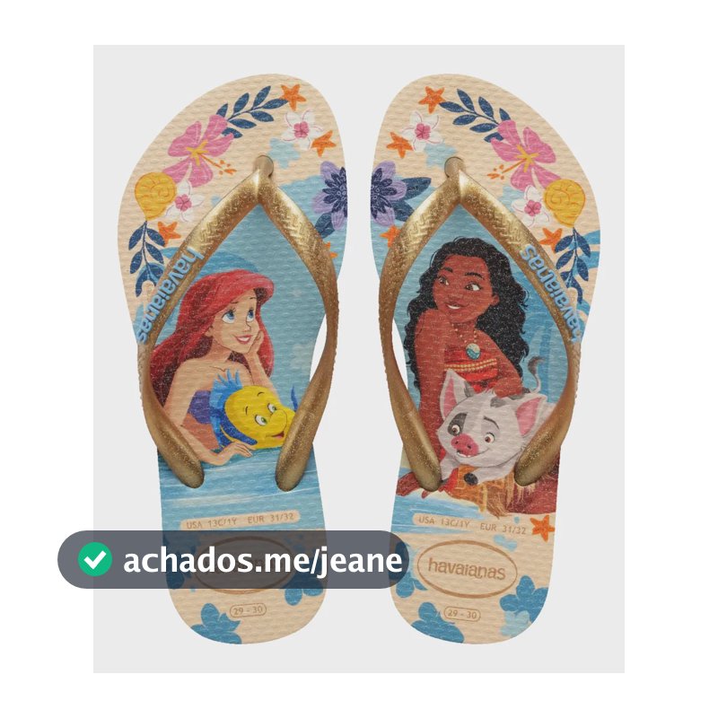 Chinelo Havaianas Princesas Disney Kids Infantil Glitter Bege Palha Ariel E Moana 25/26