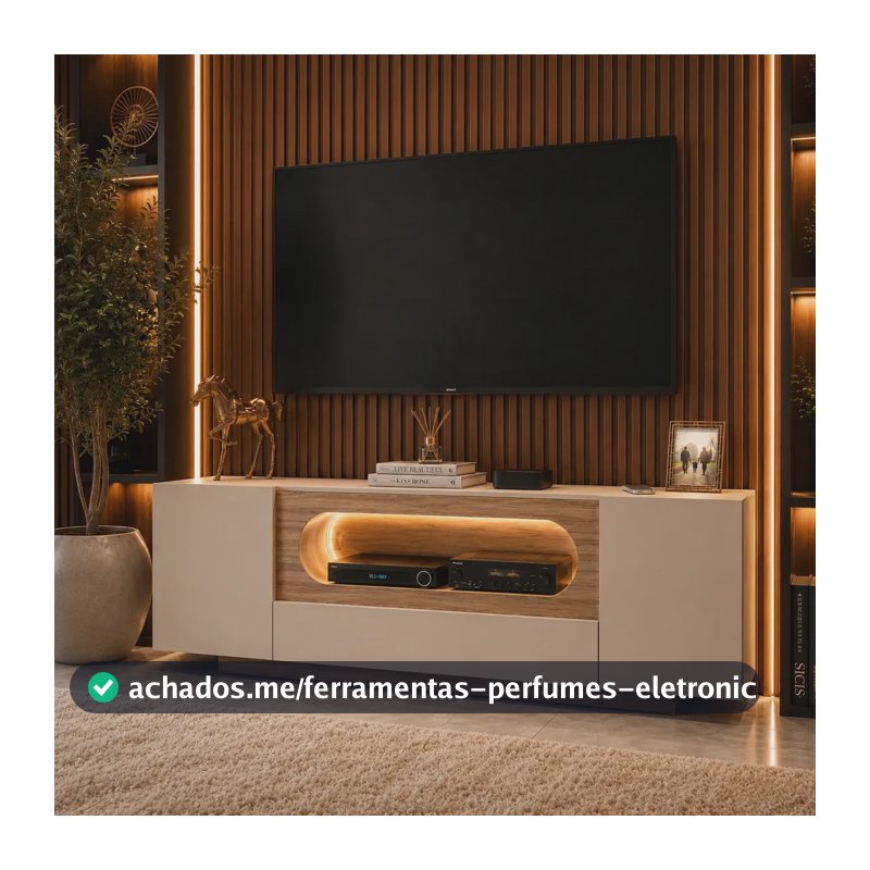 Rack Tv Off White Com Nicho Curvo Com Led Amadeirado Design Moderno Elegante Sala Home