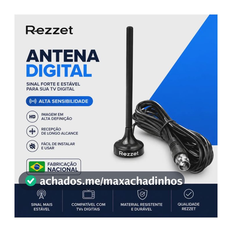 Antena Sinal Digital 4k Smart Tv Interna Externa Led Lcd Amplificador Hdtv Uhf Com Cabo Longo E Base Magnética Rezzet