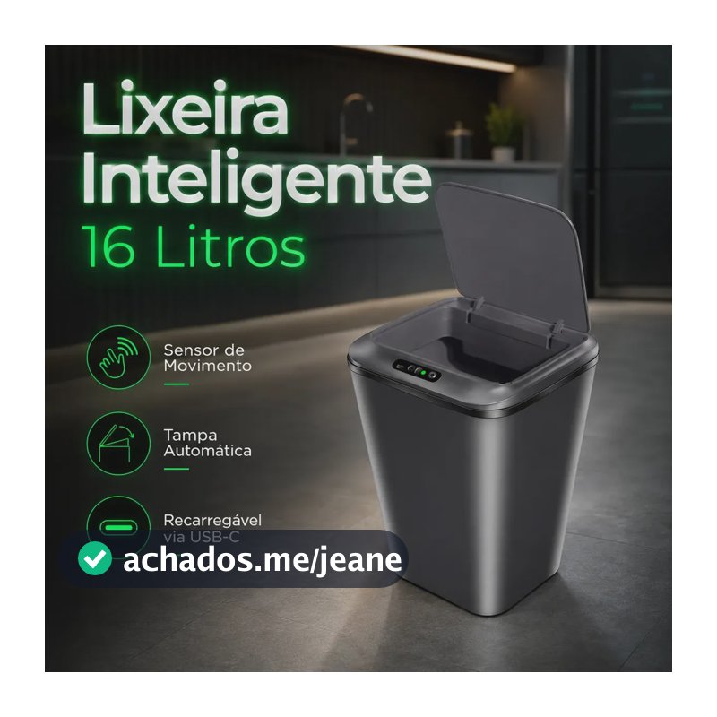 Lixeira Inteligente Automática 16l Com Sensor Infravermelho Recarregável Usb Sistema Anti Odor Tampa Touchless Para Banheiro Cozinha Cor Cinza Escuro