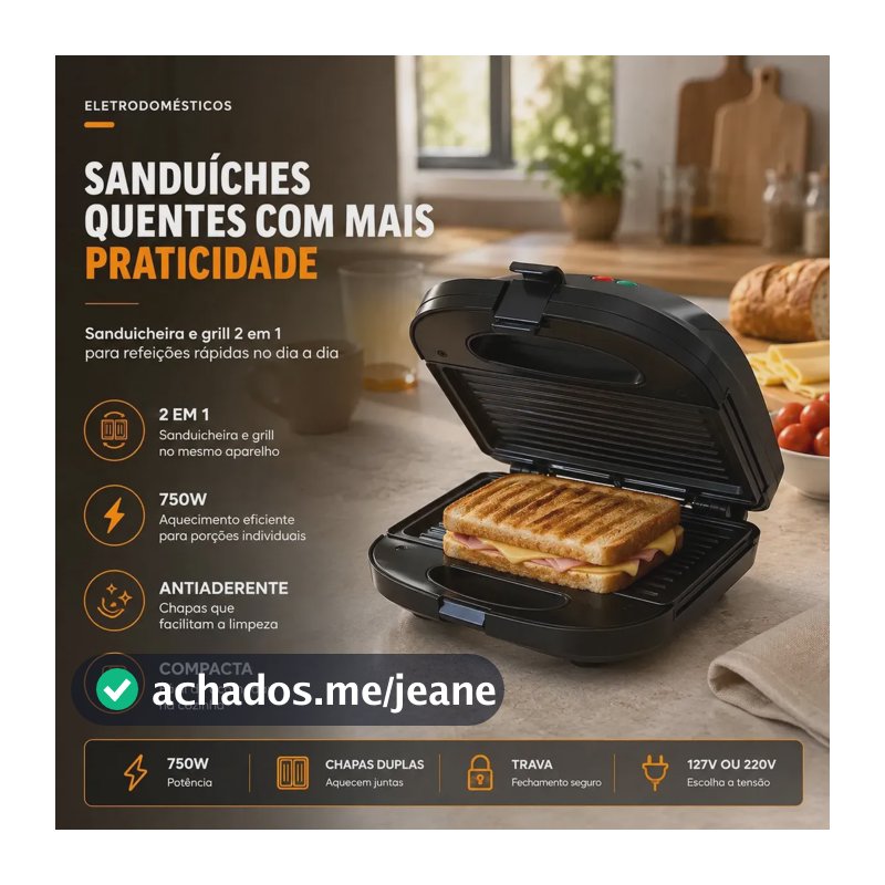 Sanduicheira Elétrica Preta Luxe Grill 2 em 1 Antiaderente Multiuso 750W Inox Preto Compacta para Sanduíches e Grill Elétrico Prático Viacruz