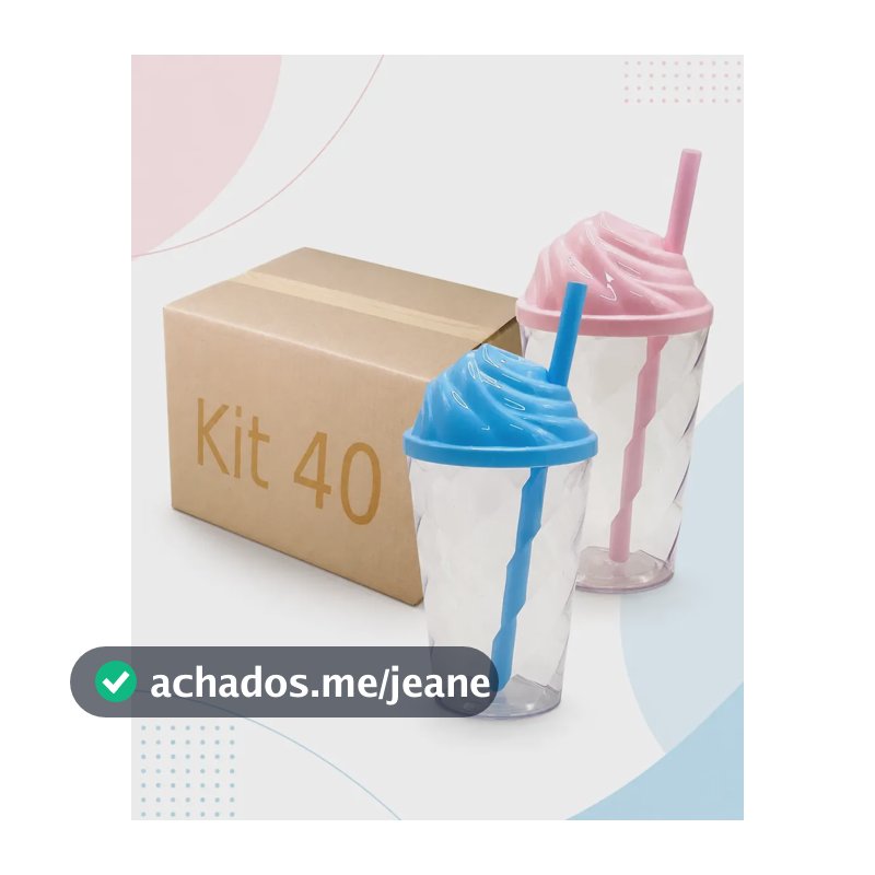 Kit 40 Copo 300ml Tampa Chantilly Atacado Varejo Cristal Com 02 Cores De Tampa Azul Bb / Rosa Bb