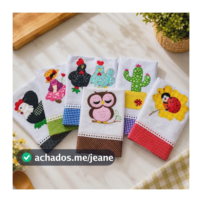Kit 5 Panos Prato Artesanal Barrado Aplicado Algodão Branco Variados