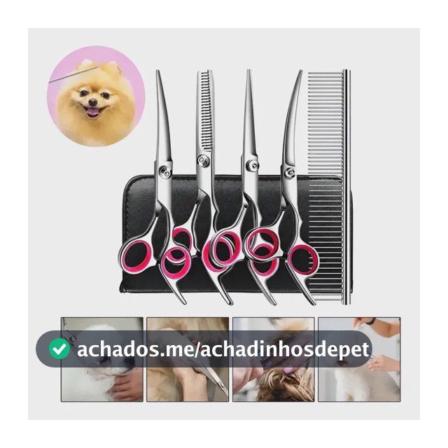 5 Tesoura Pet Cão Reta Curva Petshop Tosa Profissional Rosa