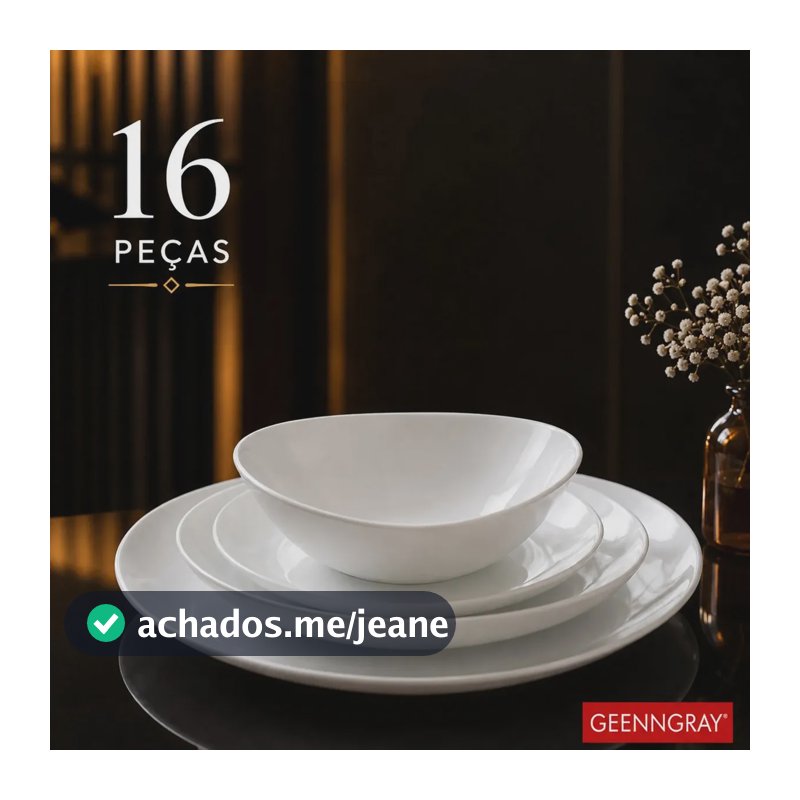 Aparelho Jantar 16 Peças Jogo Kit Branco Pratos Rasos Fundos Bowl e Sobremesa Mesa Posta Côncavo Opalino Resistente Geenngray