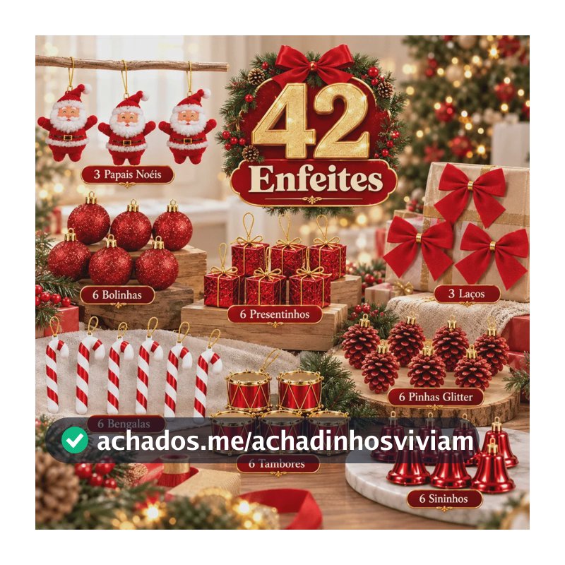 Kit 42 Enfeites Natalinos Penduráveis para Árvore, em Tons de Vermelho