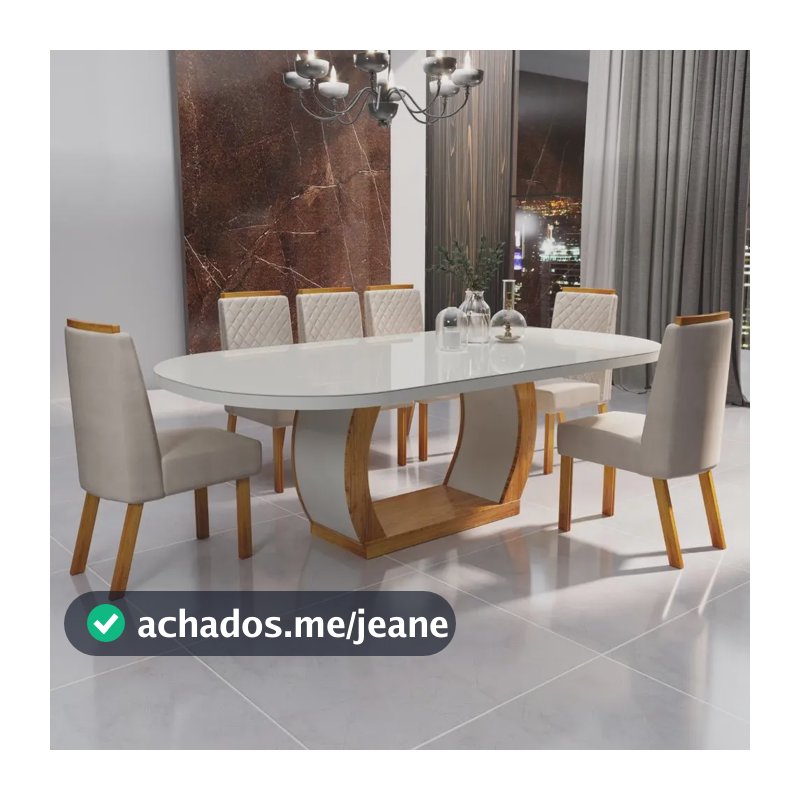 Sala De Jantar 196x90 Mel Mdf/vidro 6 Cadeiras Bom Pastor Off- White Naturale Bege