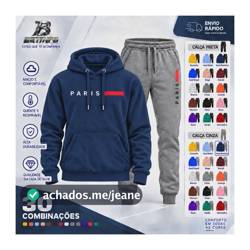 Conjunto Moletom Calça Unissex Paris Canguru Casaco Frio G Azul Marinho + Calça Cinza