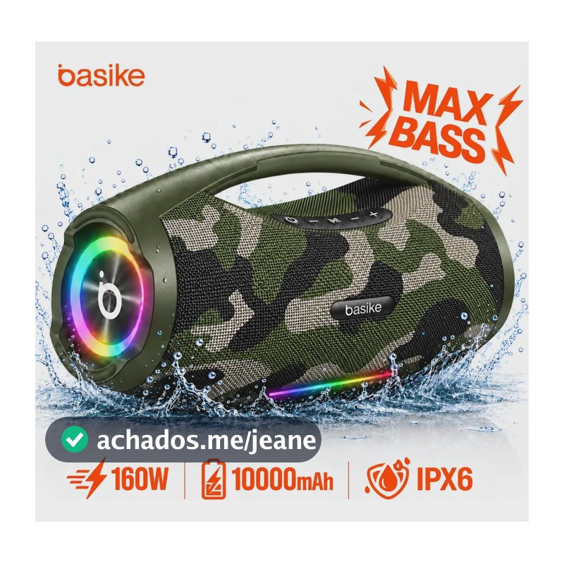 Boombox Basike Ba-MD337A 160W, Bluetooth e IPX6, Portátil com RGB para Festa – Camuflado