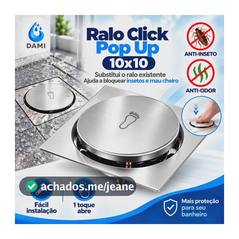 Ralo Click 10x10 Inteligente Pop Up Inox Oculto Invisível Para Banheiro E Cozinhas Acabamento Premium