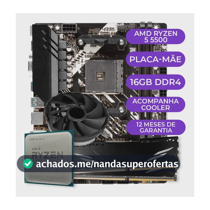 Kit Upgrade Gamer Amd Ryzen 5 5500 + B450m + 16gb Ddr4 Cor Preto