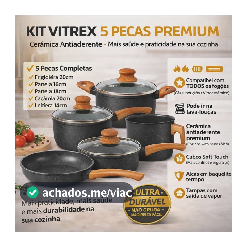 Jogo De Panelas Cerâmico Triplo Indução Vitrex Ecoglid 5 Peças Cor Preto Granito