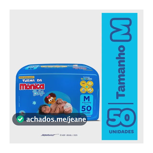 Fralda Descartável Turma da Mônica Baby M 50 Unidades 12 h