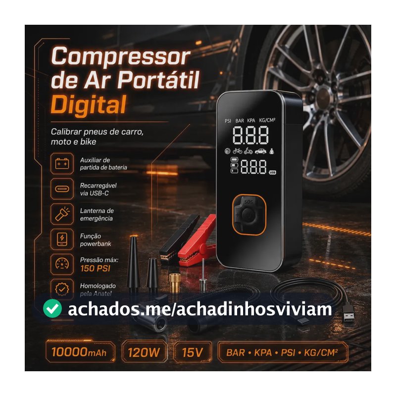 Auxiliar de Partida de Bateria Veicular Portátil Com Compressor de Ar Para Carro e Moto