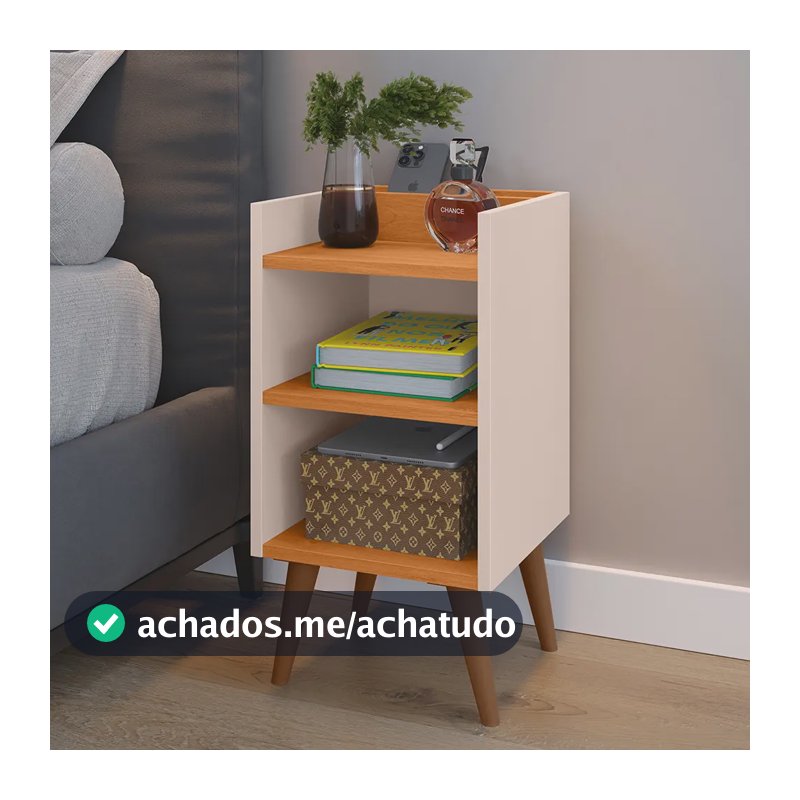 Mesa De Cabeceira Retrô Max Com Porta Celular Praleteira E Nicho Criado Quarto - Off White / Cinamomo