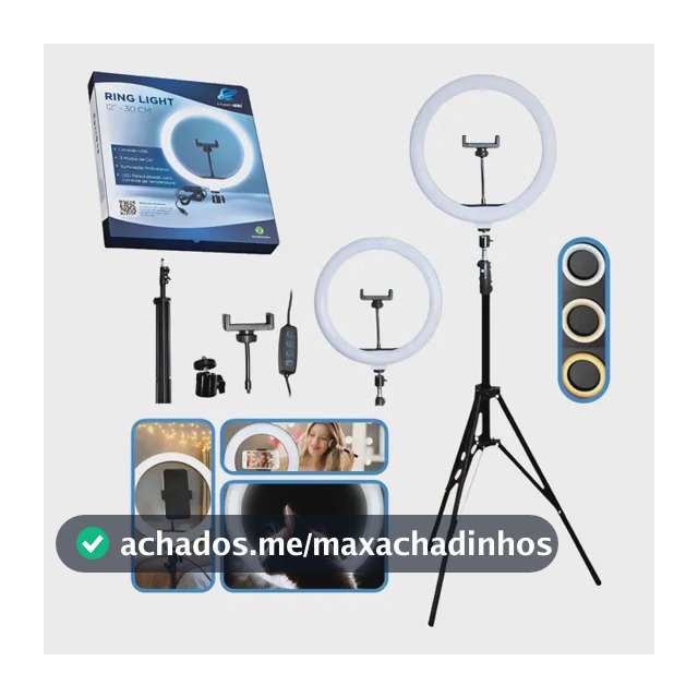 Ring Light 12 Polegadas 30cm Celular Tripé 2,10m Estrutura Preto Luz 03 Três Cores