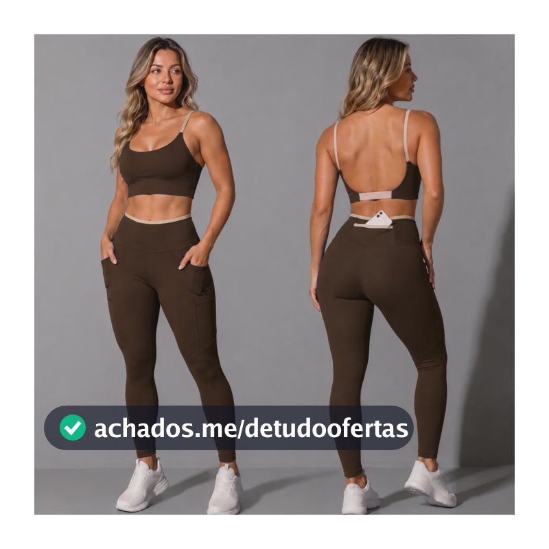 Conjunto Academia Top Calça Legging Fitness Roupa Kit Bolso Marrom/areia Liso G 40/42